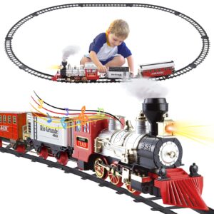 wasaika train track toys with lights, smokes, sound and railway kits, train set including steam locomotive engine, cargo cars,tracks, christmas tree decoration gifts for 3+ boys girls kids