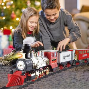 WASAiKA Train Track Toys with Lights, Smokes, Sound and Railway Kits, Train Set including Steam Locomotive Engine, Cargo Cars,Tracks, Christmas Tree Decoration Gifts for 3+ Boys Girls Kids