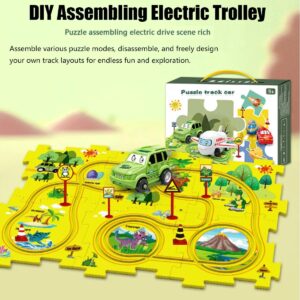 DIY Assembling Electric Trolley, 2024 New Upgrade Toddler Puzzle Track Play Set with Vehicles, Rail Car Building Toys Vehicle & Puzzle Board, Montessori Toys for Kids Ages 3+ (Dinasour)