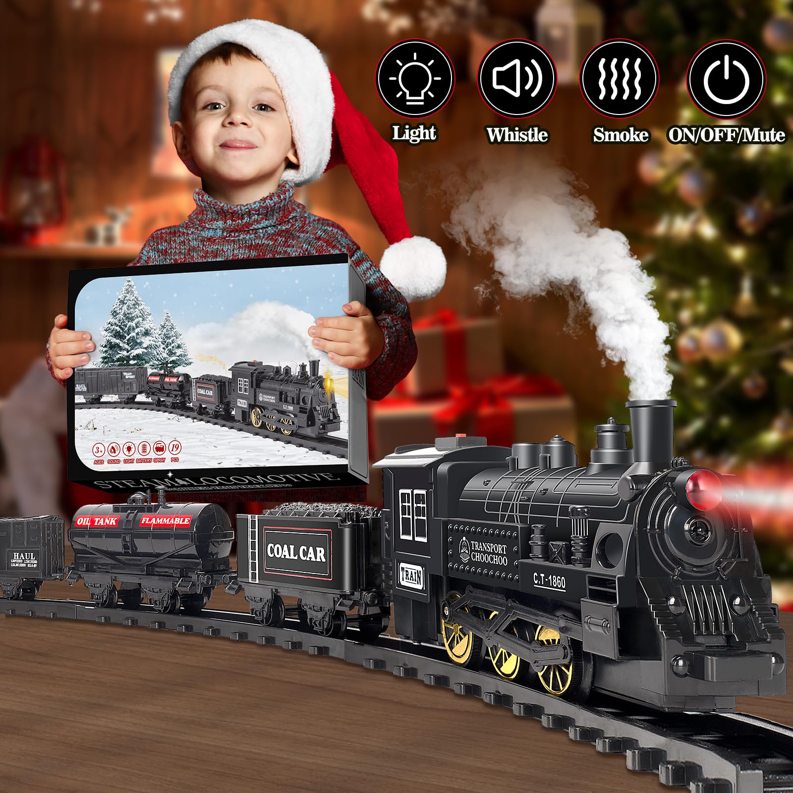 OleFun Train Set, Electric Train with Water Steam, Sounds & Lights, Model Christmas Train Set for Under The Tree, Railway Kit Gifts for 3, 4, 5, 6, 7, 8+ Year Old Boy & Girl