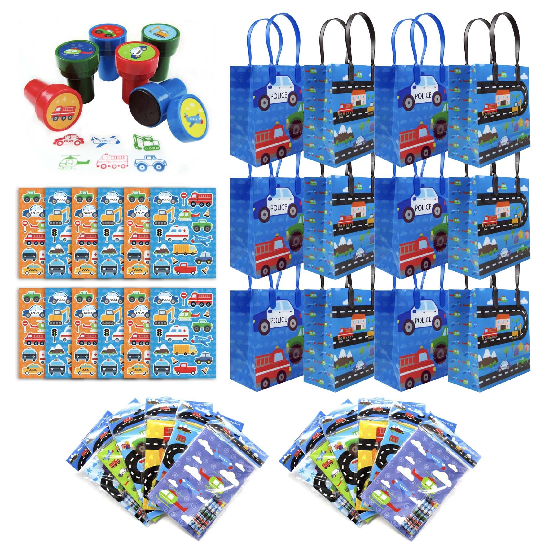 TINYMILLS Transportation Airplanes Cars Trains Birthday Party Assortment Favor Set of 108 pcs (12 Large Party Favor Bags with Handles, 24 Stampers, 12 Sticker Sheets, 12 Coloring Books, 48 Crayons)