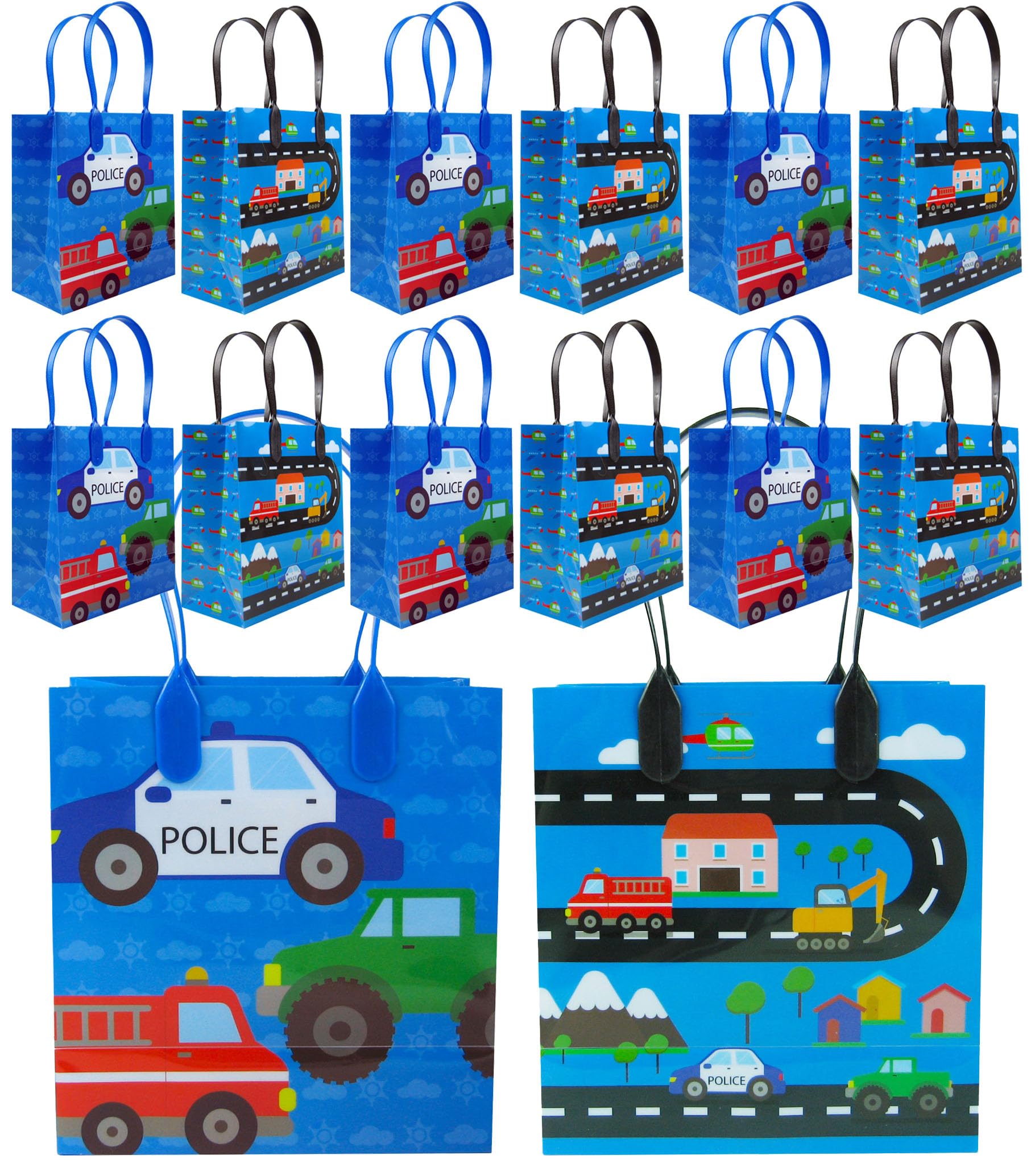 TINYMILLS Transportation Airplanes Cars Trains Birthday Party Assortment Favor Set of 108 pcs (12 Large Party Favor Bags with Handles, 24 Stampers, 12 Sticker Sheets, 12 Coloring Books, 48 Crayons)