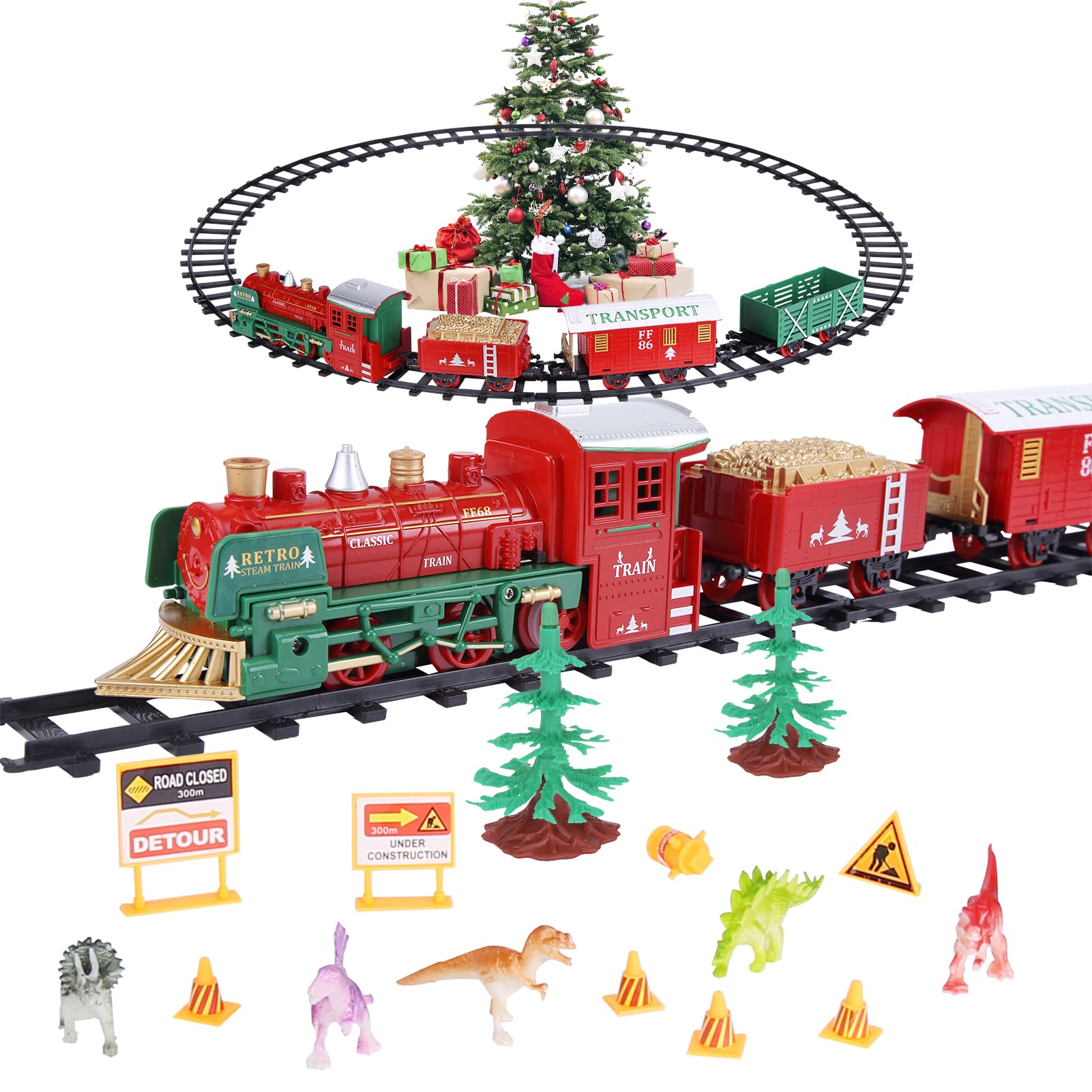 Electric Train Set for Boys and Girls - Christmas Train Set with Real Smoke, Sounds & Lights - Classic Toy Train with Steam Locomotive Engine - Includes 3 Train Cars and 10 Tracks