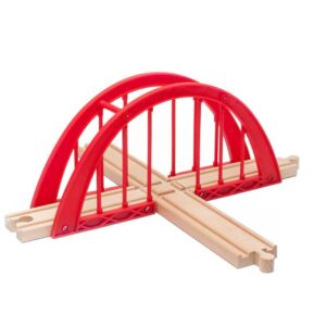 maxim enterprise, inc. Red Intersection Bridge, Model Railroad Bridge with Wooden Cross Track, Wooden Bridge Compatible with Thomas & Friends, Brio Railway, and All Major Brand Fine Wooden Train Sets