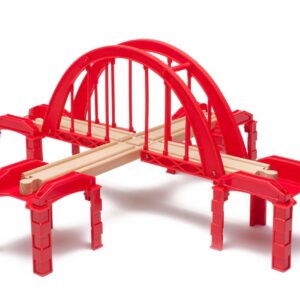 maxim enterprise, inc. Red Intersection Bridge, Model Railroad Bridge with Wooden Cross Track, Wooden Bridge Compatible with Thomas & Friends, Brio Railway, and All Major Brand Fine Wooden Train Sets