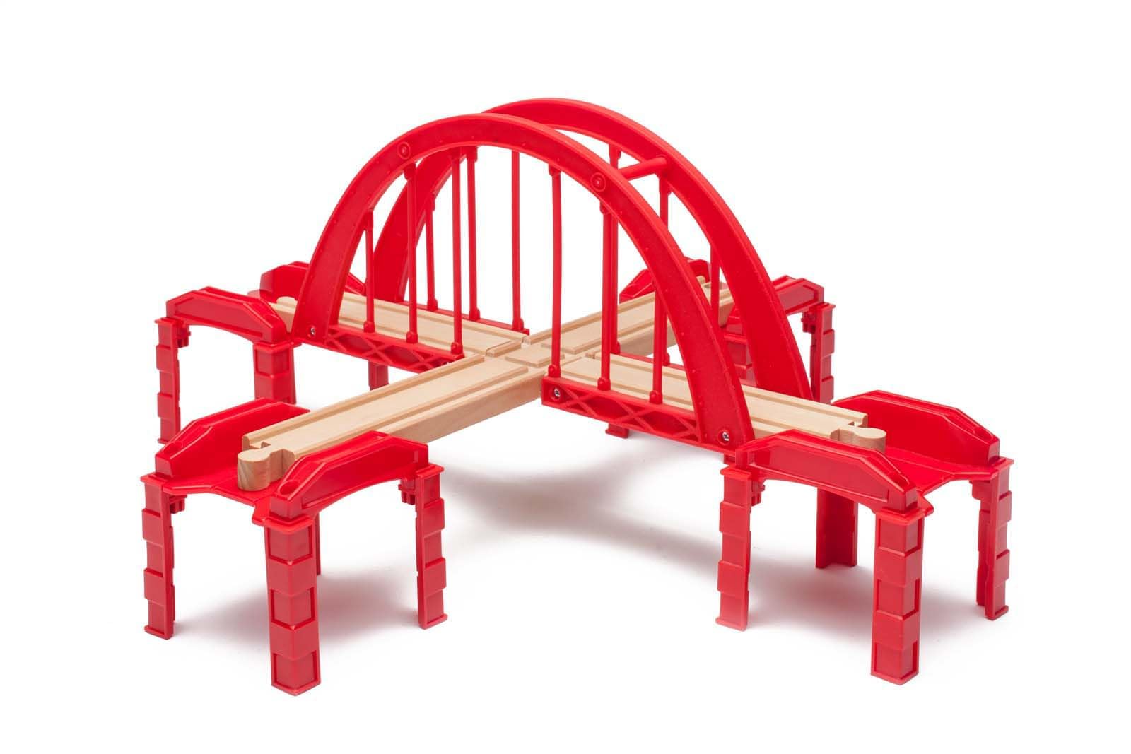 maxim enterprise, inc. Red Intersection Bridge, Model Railroad Bridge with Wooden Cross Track, Wooden Bridge Compatible with Thomas & Friends, Brio Railway, and All Major Brand Fine Wooden Train Sets