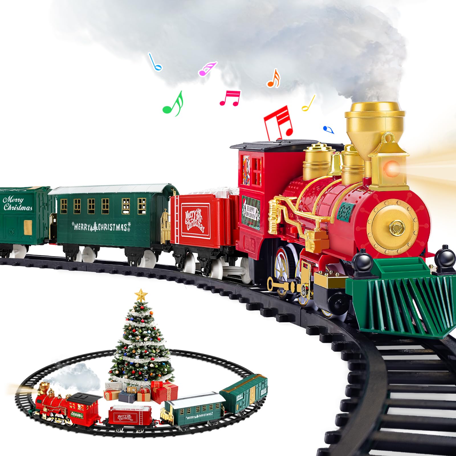 BainGesk Train Set with Steam Locomotive Engine, Christmas Train Set for Christmas Tree, Electric Train Toys with Smoke, Light & Sounds, for 3 4 5 6 7 8+ Year Old Boys Girls