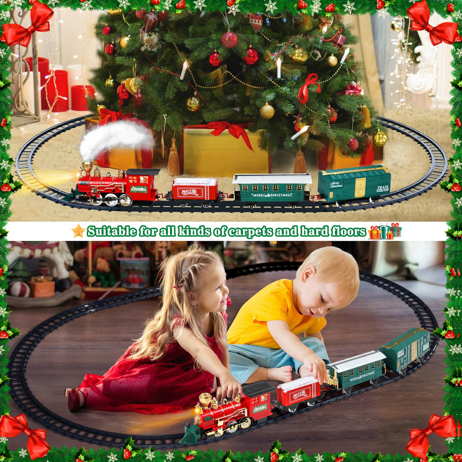 BainGesk Train Set with Steam Locomotive Engine, Christmas Train Set for Christmas Tree, Electric Train Toys with Smoke, Light & Sounds, for 3 4 5 6 7 8+ Year Old Boys Girls