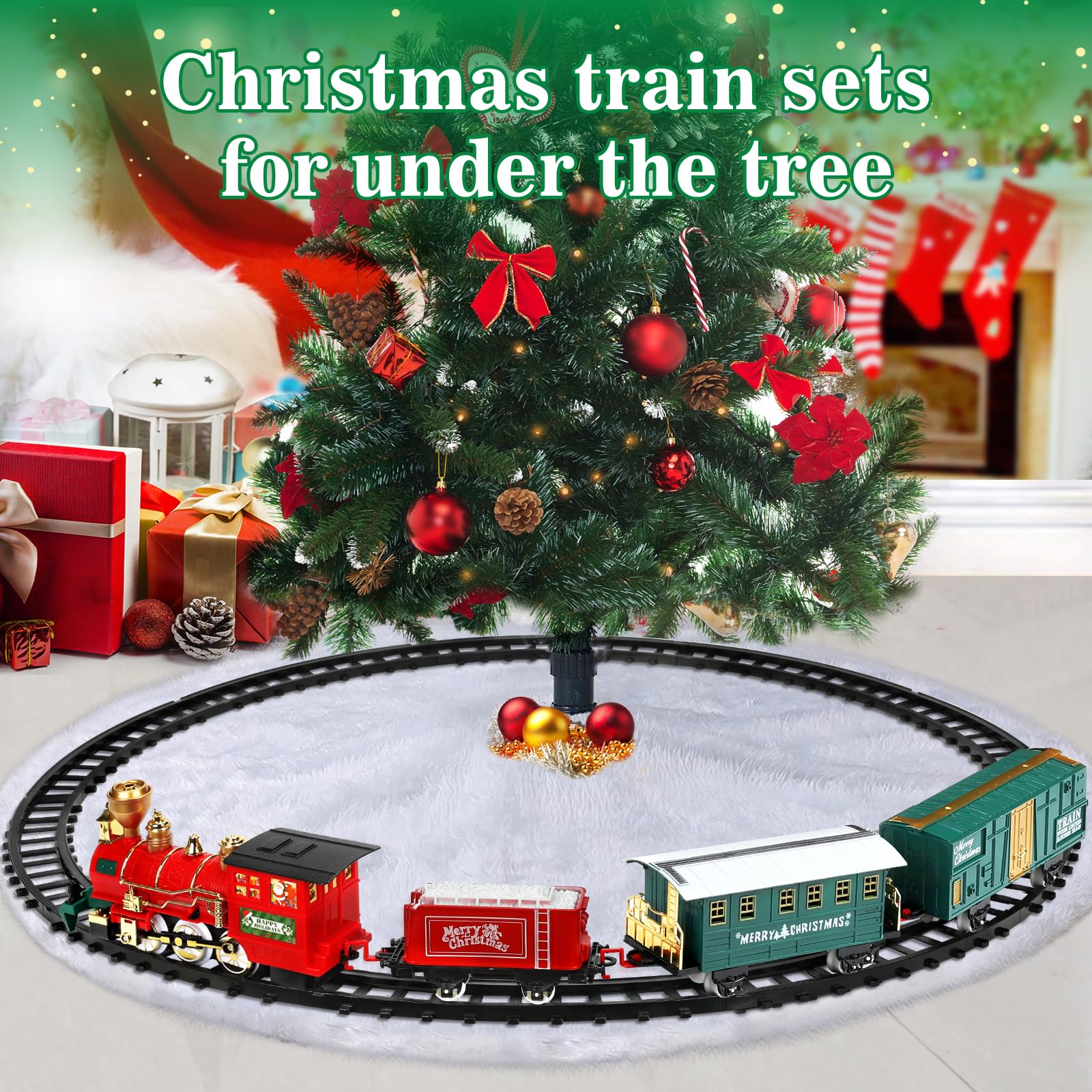 BainGesk Train Set with Steam Locomotive Engine, Christmas Train Set for Christmas Tree, Electric Train Toys with Smoke, Light & Sounds, for 3 4 5 6 7 8+ Year Old Boys Girls