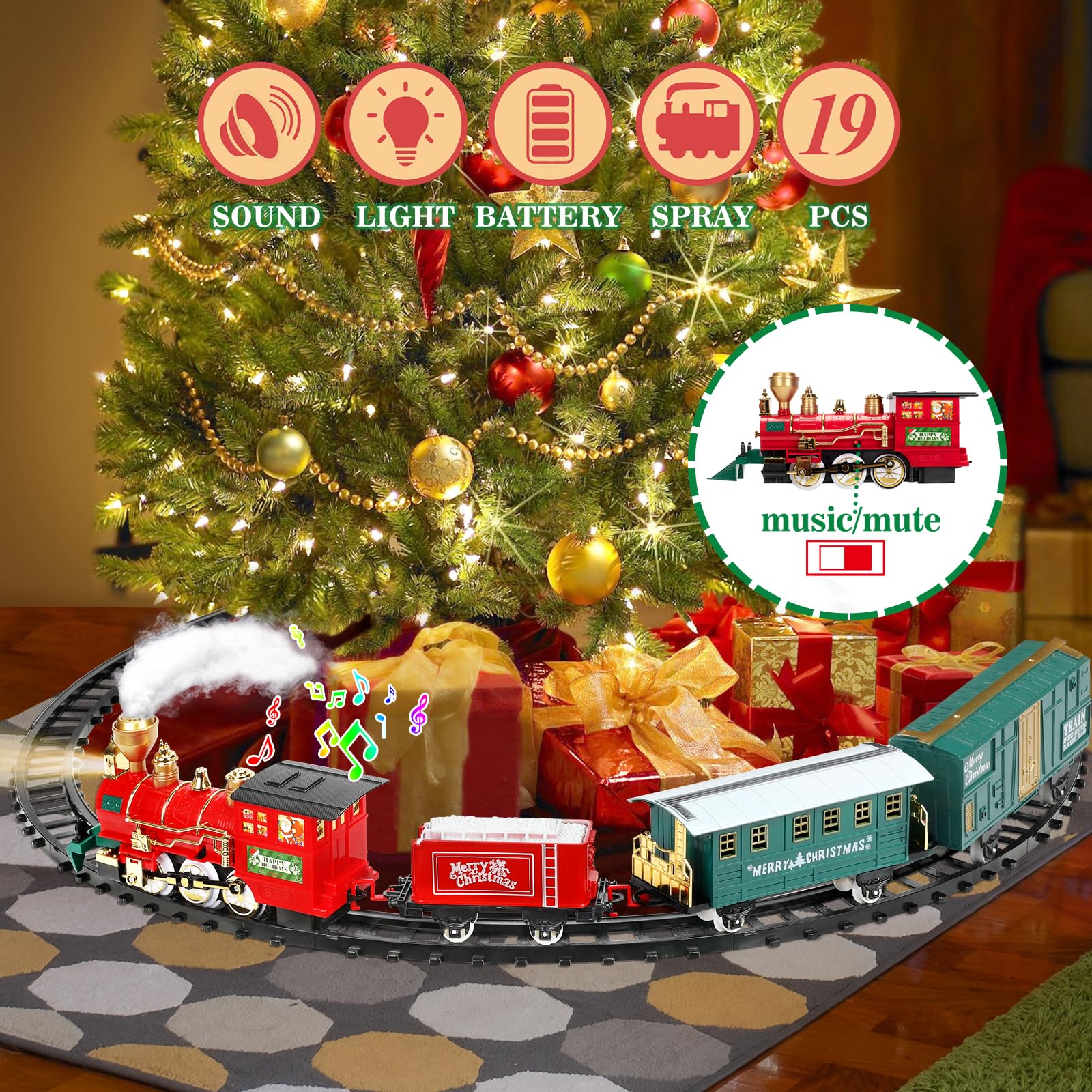 BainGesk Train Set with Steam Locomotive Engine, Christmas Train Set for Christmas Tree, Electric Train Toys with Smoke, Light & Sounds, for 3 4 5 6 7 8+ Year Old Boys Girls