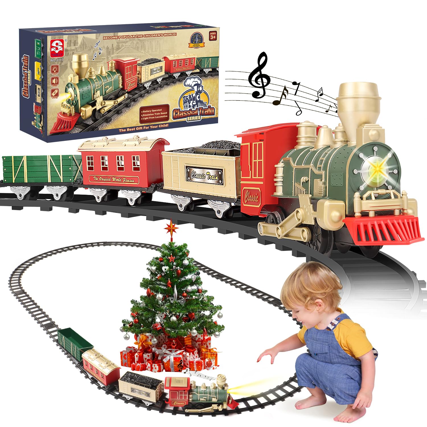 XINGYING Train Set - Electric Train Toys, Toddler Train w/Light and Sounds (ON/Off), Classical Train Sets for boys w/Locomotive,Carriages and Tracks,Christmas Toy Train Gifts for 3 4 5 6 Year Old Kids