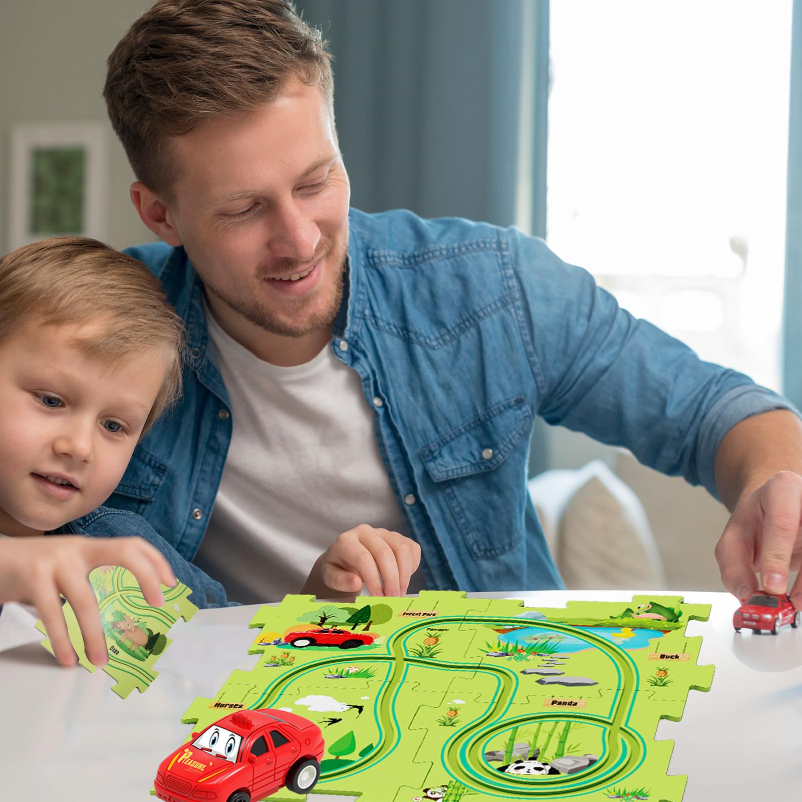 Puzzle Track Car Play Set - DIY Car Tracks Children's Educational Puzzle Board with Electric Vehicle Toy for Toddler Boys Kids Gift (Forest-5pcs)