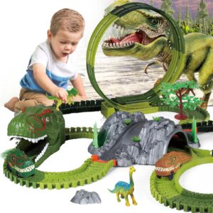 dinosaur track toy set, 194pcs flexible track toy set with dino car, 360 degree rotation car track toy, create a dinosaur world road race, dinosaur toys track for kids ages 3 4 5 6 7 year old boy girl