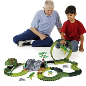 Dinosaur Track Toy Set, 194pcs Flexible Track Toy Set with Dino Car, 360 Degree Rotation Car Track Toy, Create A Dinosaur World Road Race, Dinosaur Toys Track for Kids Ages 3 4 5 6 7 Year Old Boy Girl