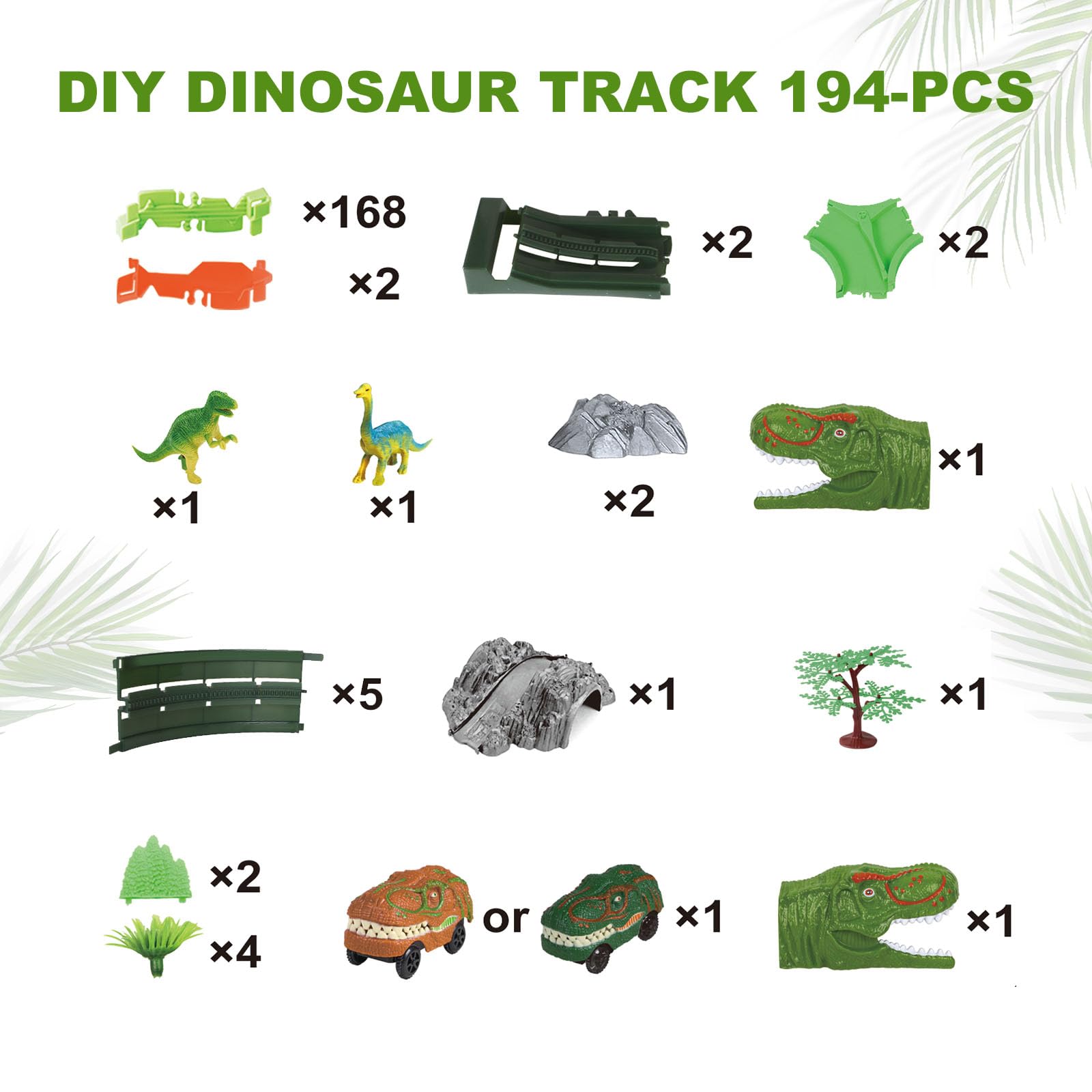 Dinosaur Track Toy Set, 194pcs Flexible Track Toy Set with Dino Car, 360 Degree Rotation Car Track Toy, Create A Dinosaur World Road Race, Dinosaur Toys Track for Kids Ages 3 4 5 6 7 Year Old Boy Girl