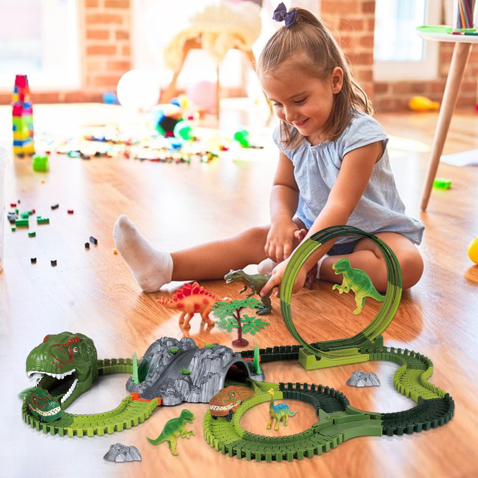 Dinosaur Track Toy Set, 194pcs Flexible Track Toy Set with Dino Car, 360 Degree Rotation Car Track Toy, Create A Dinosaur World Road Race, Dinosaur Toys Track for Kids Ages 3 4 5 6 7 Year Old Boy Girl