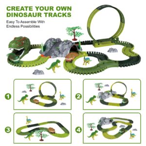 Dinosaur Track Toy Set, 194pcs Flexible Track Toy Set with Dino Car, 360 Degree Rotation Car Track Toy, Create A Dinosaur World Road Race, Dinosaur Toys Track for Kids Ages 3 4 5 6 7 Year Old Boy Girl