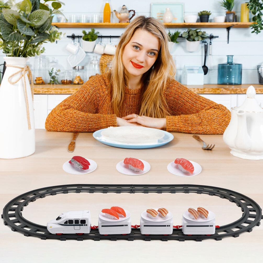 SAFIGLE Sushi Train Set Rotating Table Food Train Battery Powered Electric Train Toys Under Christmas Tree Train Track Rotating Sushi Bar at Home for Kids Boys Girls White