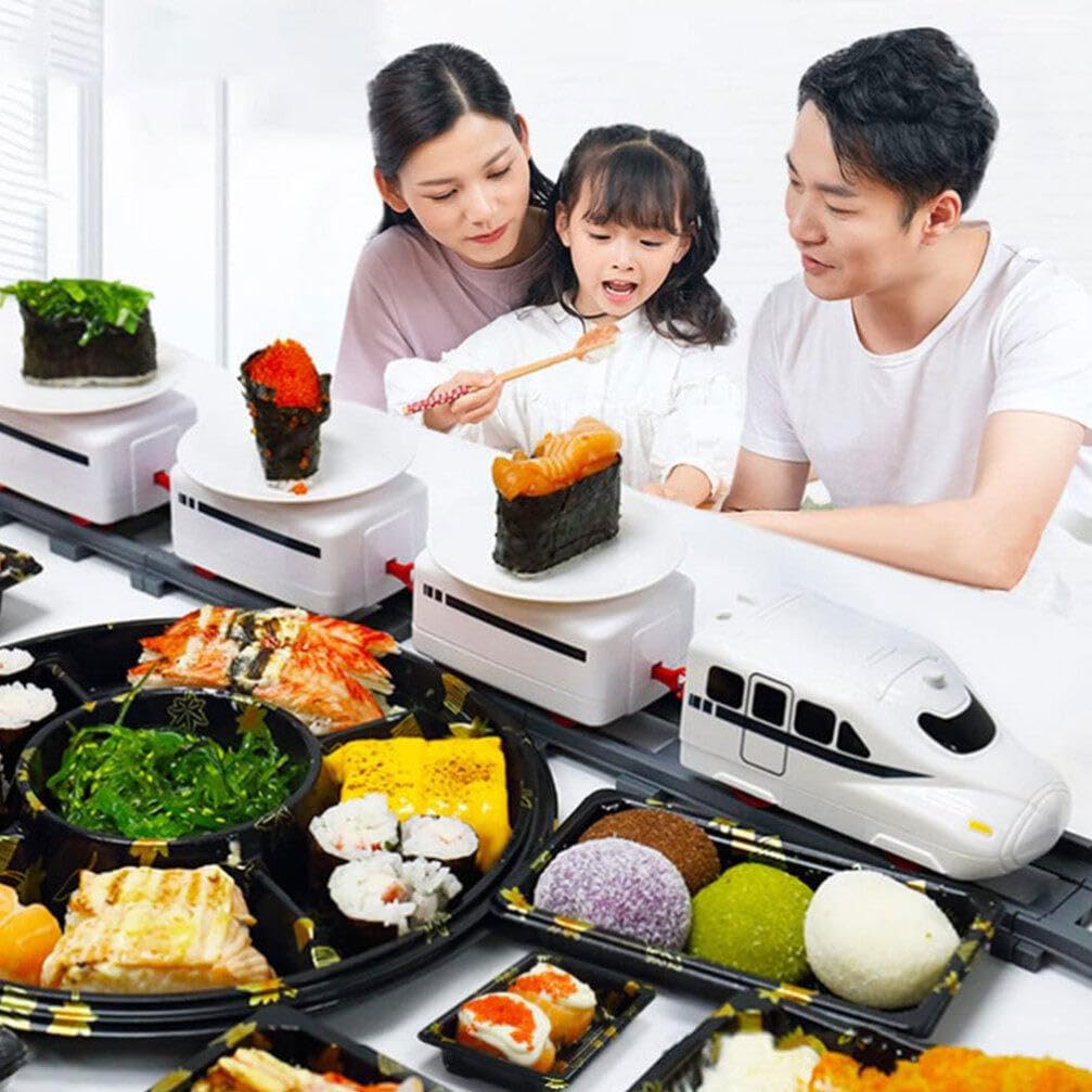 SAFIGLE Sushi Train Set Rotating Table Food Train Battery Powered Electric Train Toys Under Christmas Tree Train Track Rotating Sushi Bar at Home for Kids Boys Girls White