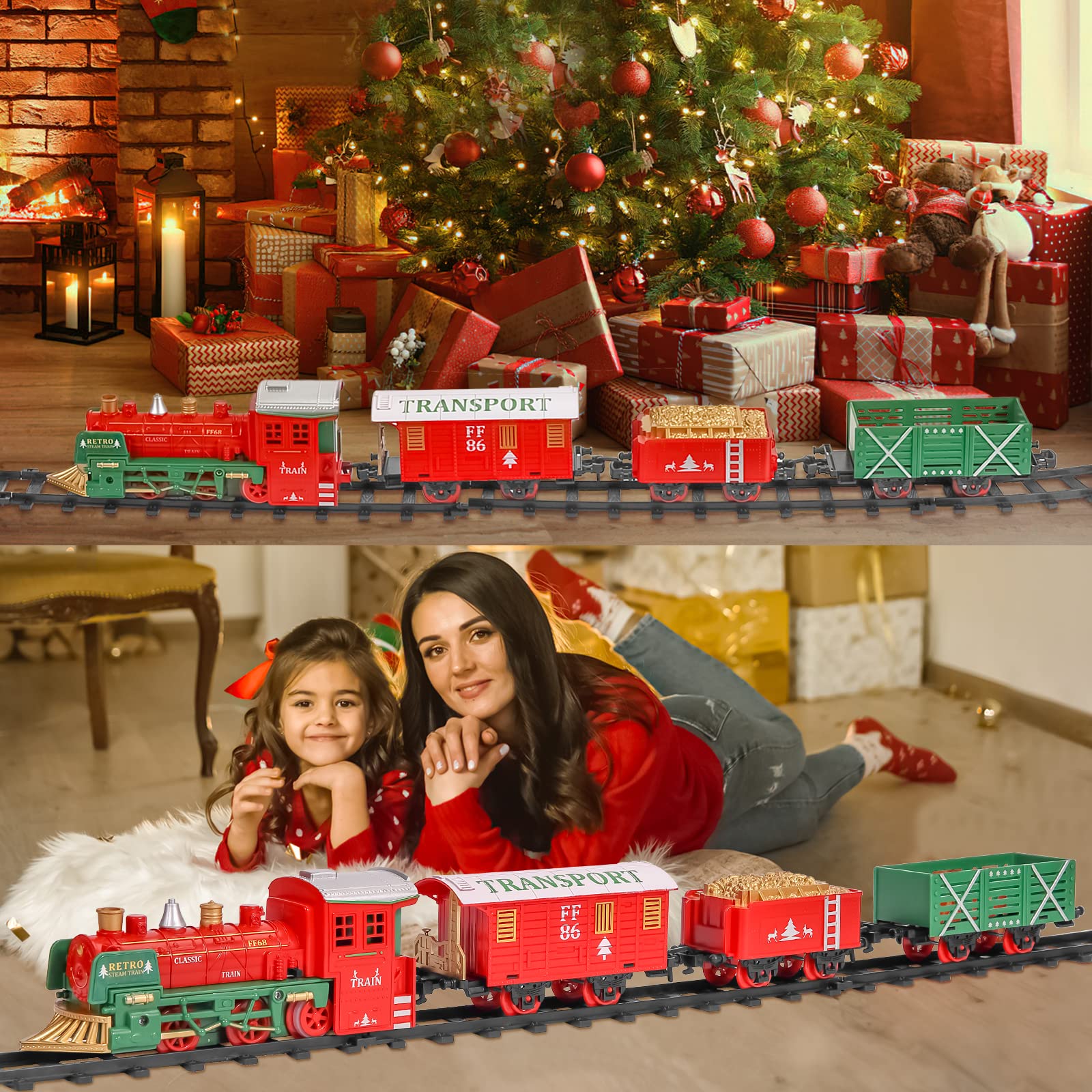 Electric Train Set for Boys Girls, Christmas Train Set with Real Smoke, Sounds & Lights, Classic Toy Train with Steam Locomotive Engine, 3 Train Cars and 10 Tracks