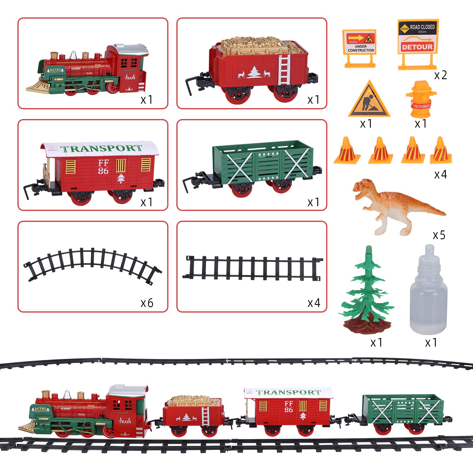 Electric Train Set for Boys Girls, Christmas Train Set with Real Smoke, Sounds & Lights, Classic Toy Train with Steam Locomotive Engine, 3 Train Cars and 10 Tracks