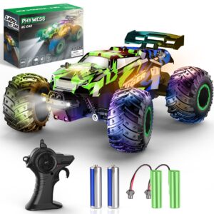 PHYWESS Remote Control Car, RC Cars Kids Toys for Boys 5-7, 2.4Ghz RC Truck Toys for Girls, Off Road Monster Truck Toys with Headlights & Car Body Lights, 20 KM/H RC Crawler Toy Cars for Kids