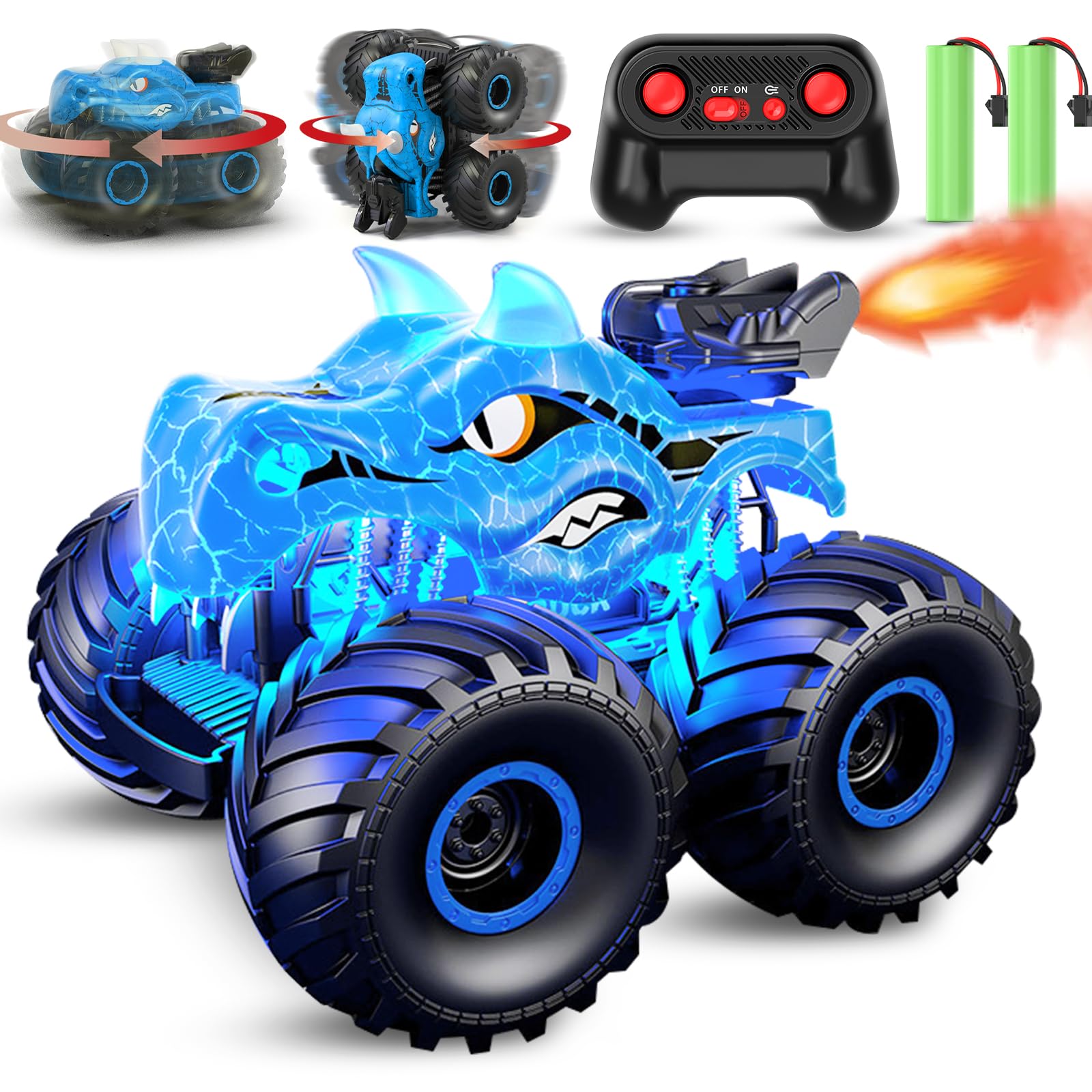 Scientoy Remote Control Car, 360° Rotating RC cars for boys 4-7 with Spray, Light & Sound, 2.4 GHz All Terrain Monster trucks, Dinosaur Toys for Kids 3 4 5 6 7 8 with 2 Batteries, Gifts for Boys Girls