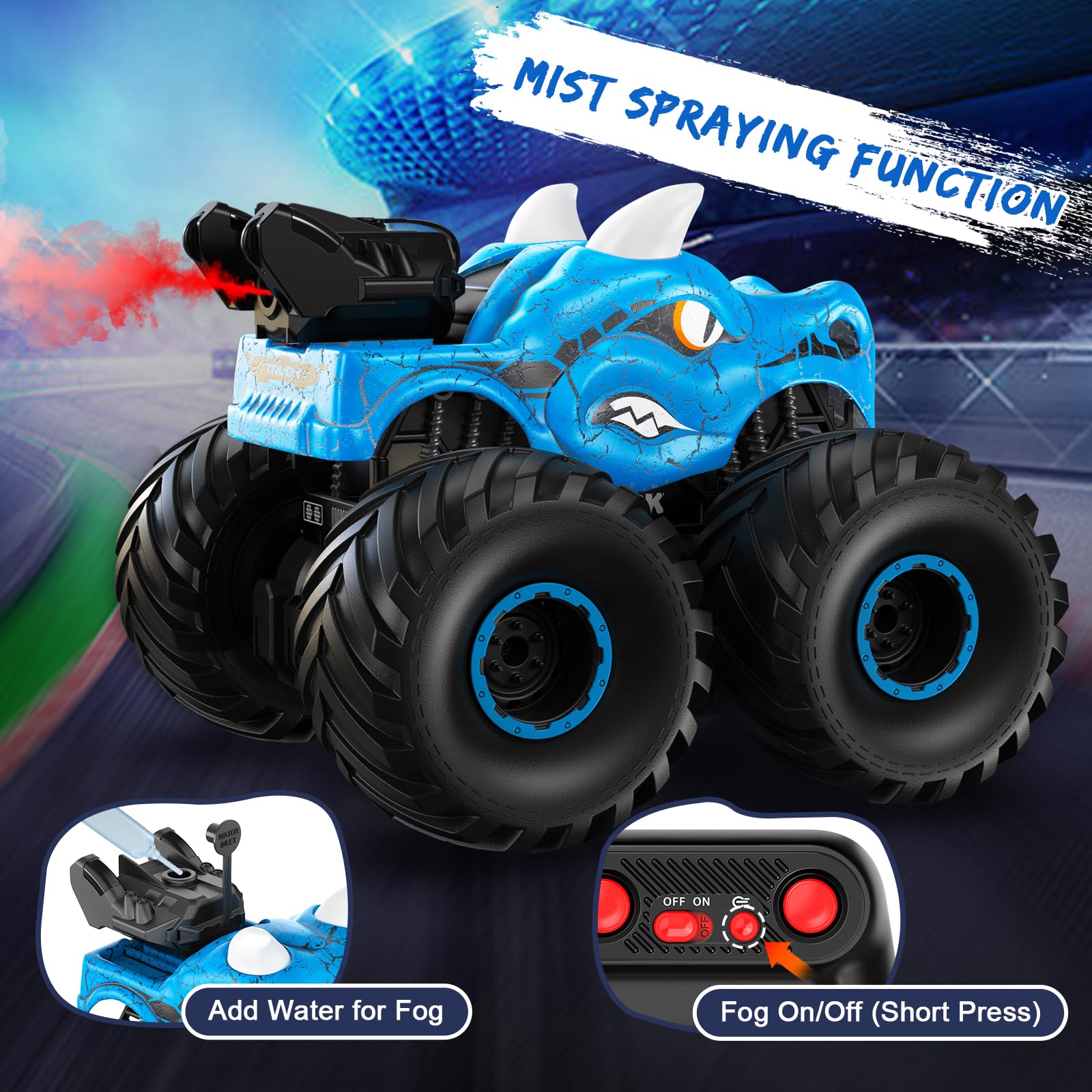 Scientoy Remote Control Car, 360° Rotating RC cars for boys 4-7 with Spray, Light & Sound, 2.4 GHz All Terrain Monster trucks, Dinosaur Toys for Kids 3 4 5 6 7 8 with 2 Batteries, Gifts for Boys Girls