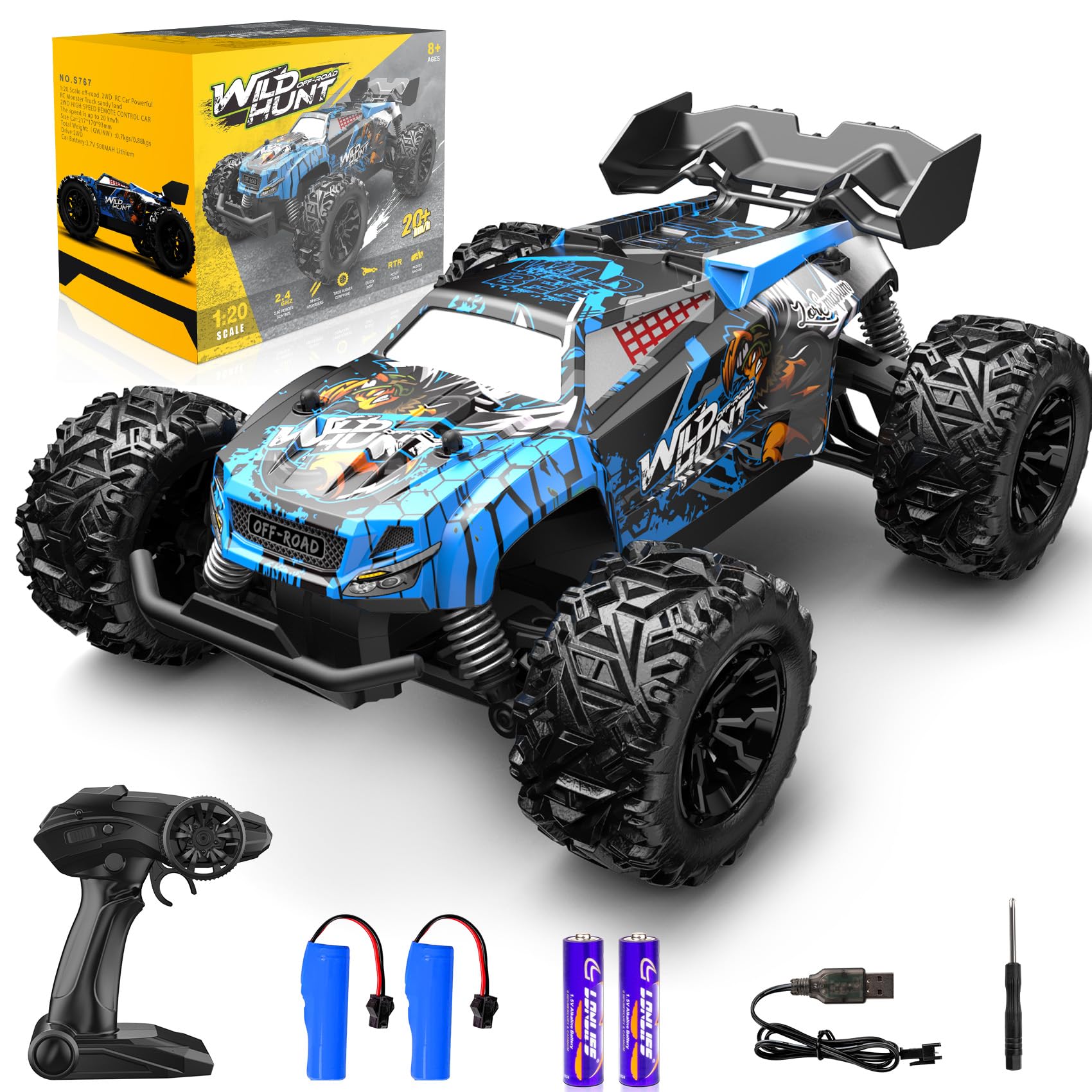 TOEAM RC Cars 1:20 Scale Remote Control Car, 2.4GHZ Fast Racing Monster Car, All Terrains RC Truck with Two Rechargeable Batteries for Boys Kids Adults Christmas Birthday Gift