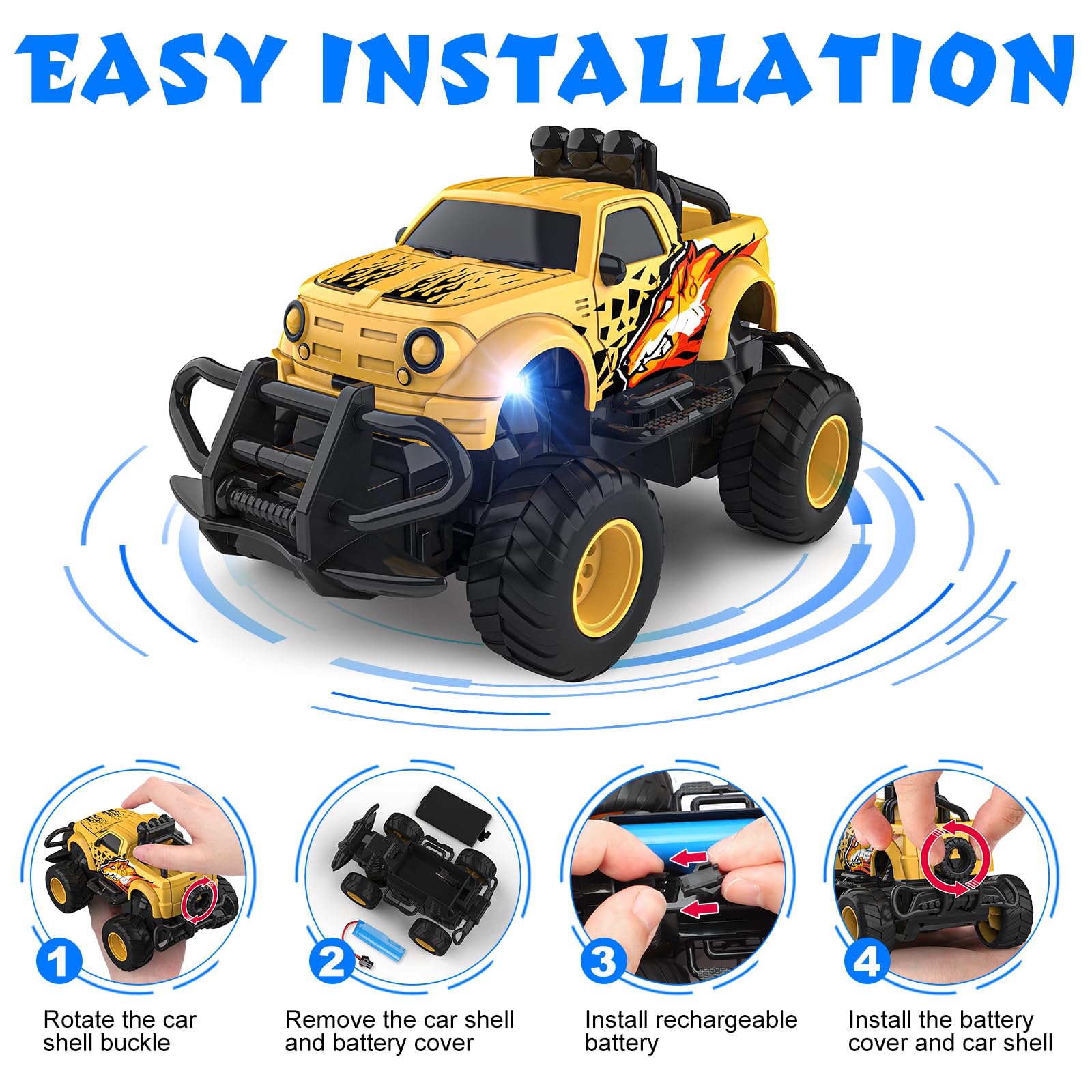 Mafbeanl Remote Control Car for Boys 4-7, 1:43 Scale Mini RC Car for Kids 3-5, Car Toys Truck Xmas Birthday Gifts for Toddlers 3 4 5 6 7 Year Old Boys (Yellow)