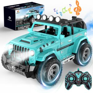 deerc remote control car with fog mist & music, 1:16 remote control truck for boys, 2.4ghz rc car toy with 2 batteries, all terrain suv gifts crawler with trailer hitch