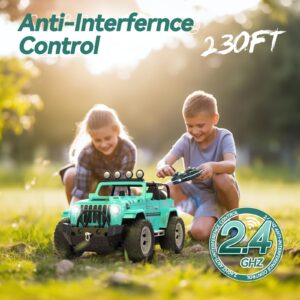 DEERC Remote Control Car with Fog Mist & Music, 1:16 Remote Control Truck for Boys, 2.4Ghz RC Car Toy with 2 Batteries, All Terrain SUV Gifts Crawler with Trailer Hitch