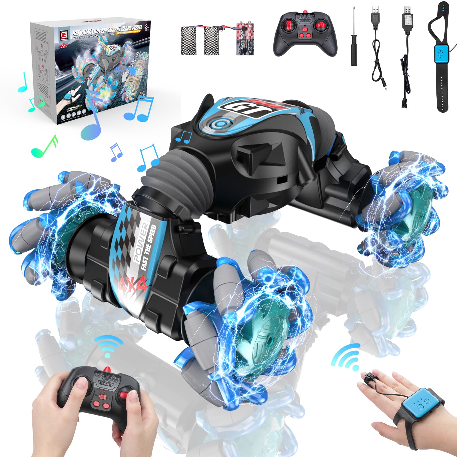 360° Rotating Gesture Sensing 4WD Stunt Car with Lights Music, Hand Controlled RC Car for 6-12 Year Olds