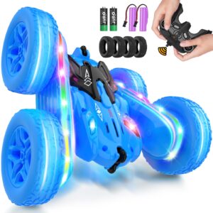 Jimdella Remote Control Car,RC Cars with sides light strip and Headlights,Double Sided 360 Flips Rotating RC Stunt Car,2.4Ghz All Terrain Toys for Ages 4-6 Kids Toy for Boys Girls Birthday Gift(Blue)