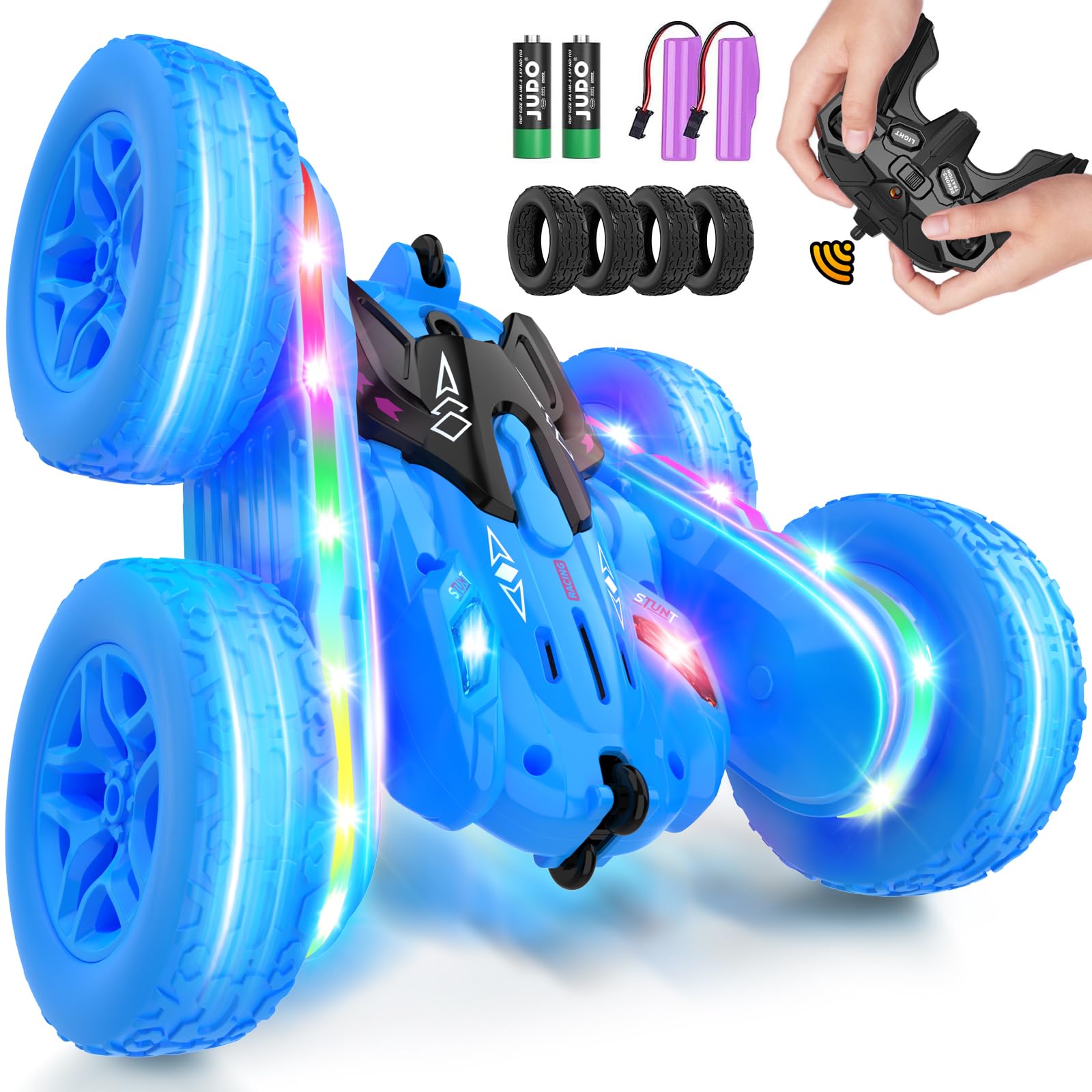 Jimdella Remote Control Car,RC Cars with sides light strip and Headlights,Double Sided 360 Flips Rotating RC Stunt Car,2.4Ghz All Terrain Toys for Ages 4-6 Kids Toy for Boys Girls Birthday Gift(Blue)