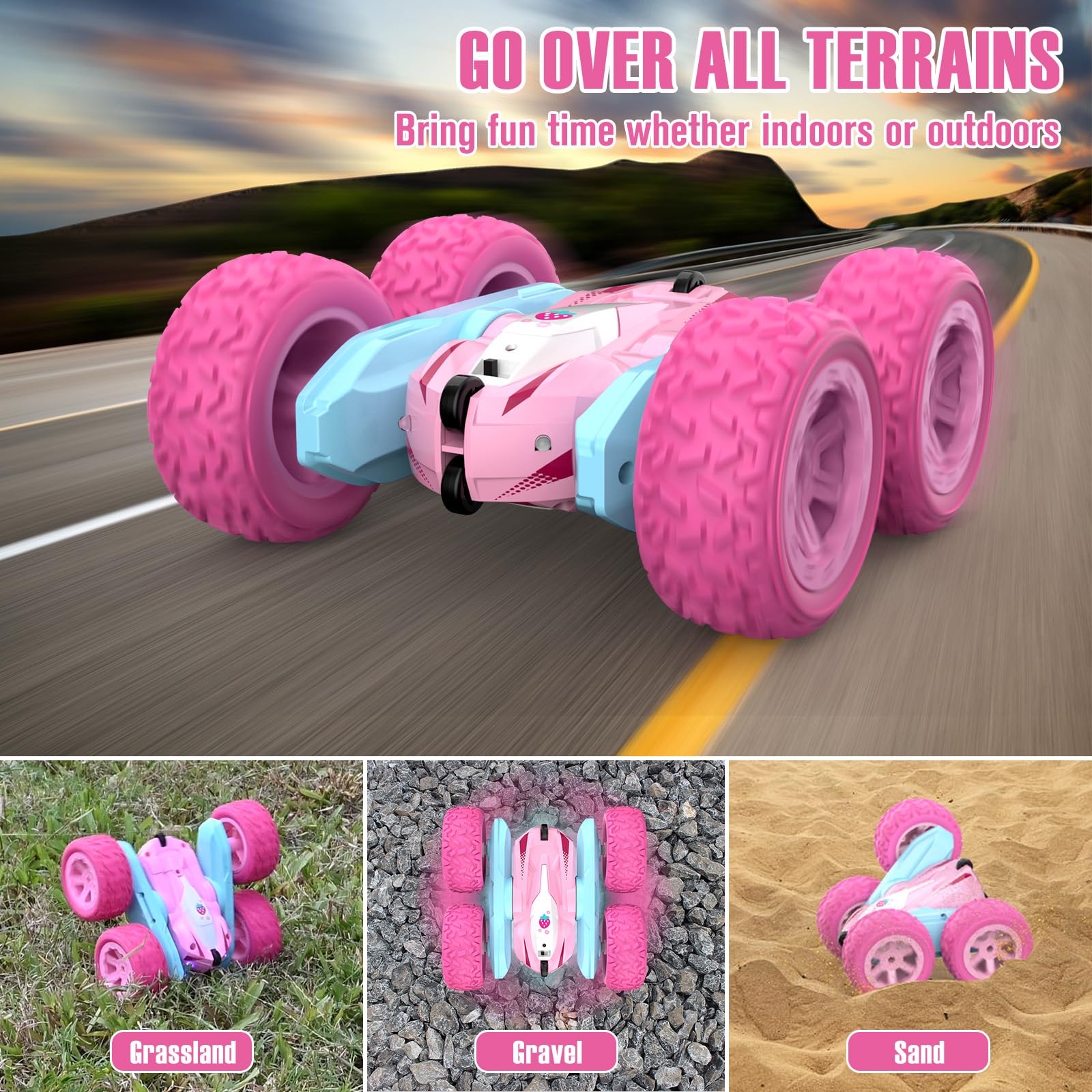 NUOKE Remote Control Car, Pink RC Cars for Girls, Rechargeable RC Truck, 2.4Ghz Double Sided 360° Rotating Stunt Car Toy with Headlights, Birthday Gift for Kids Age 3+