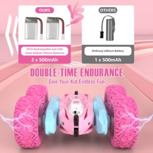 NUOKE Remote Control Car, Pink RC Cars for Girls, Rechargeable RC Truck, 2.4Ghz Double Sided 360° Rotating Stunt Car Toy with Headlights, Birthday Gift for Kids Age 3+