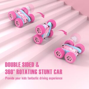 NUOKE Remote Control Car, Pink RC Cars for Girls, Rechargeable RC Truck, 2.4Ghz Double Sided 360° Rotating Stunt Car Toy with Headlights, Birthday Gift for Kids Age 3+