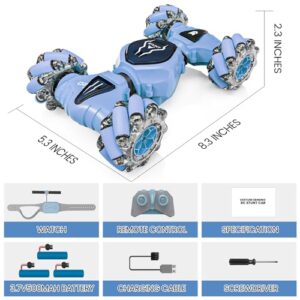 Tecnock Remote Control Car RC Cars for Boys Girls, 2.4GHz 4WD Gesture Sensing RC Stunt Car Toys - 360° Rotating Double Sided Hand Controlled RC Car with Lights, Gifts for Kids, Blue