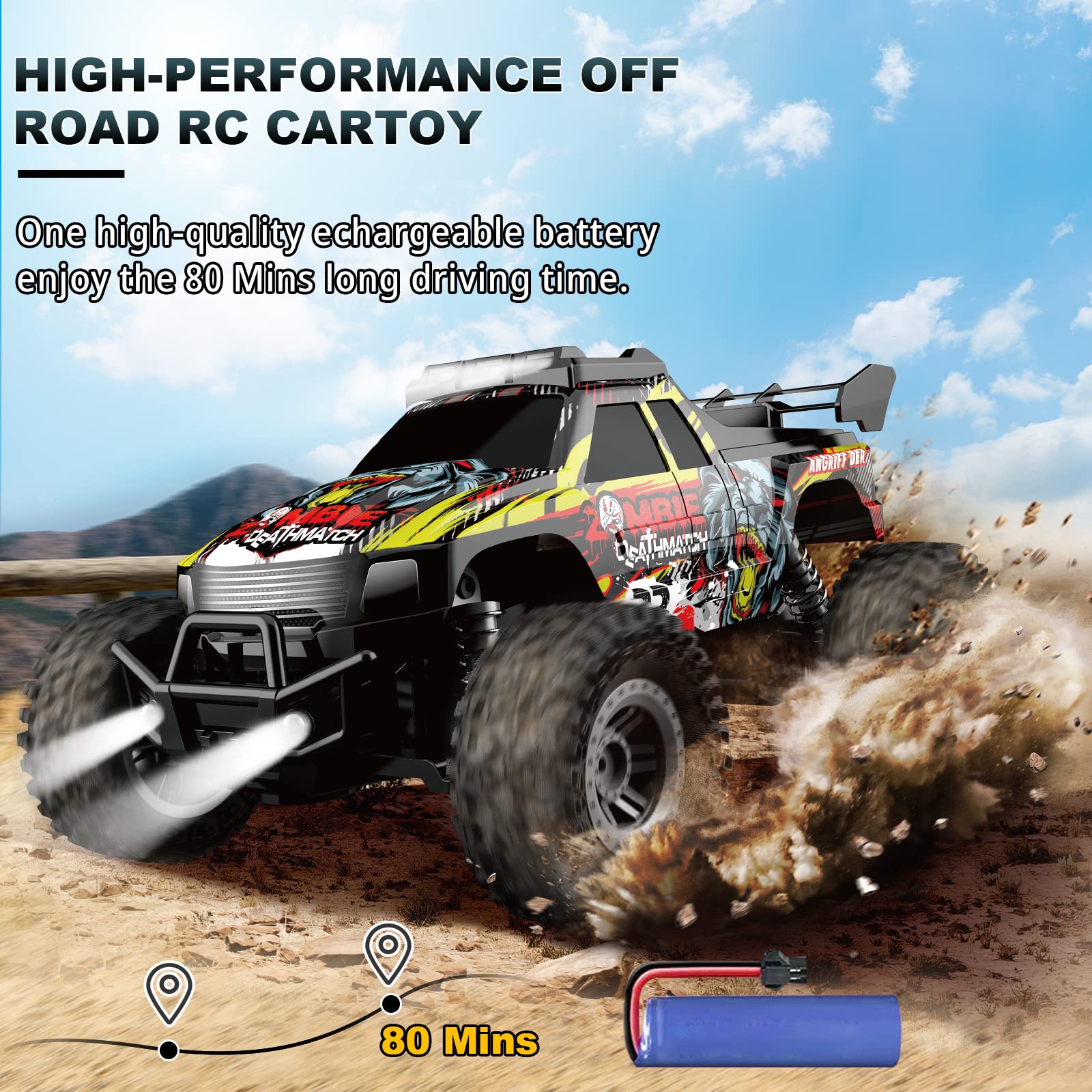 Remote Control Car for Boys & Girls, All Terrain & Off-Road Monster Truck with Flash LED,2 Rechargeable Batteries for 80 Mins Play,2.4GHz, Perfect Birthday