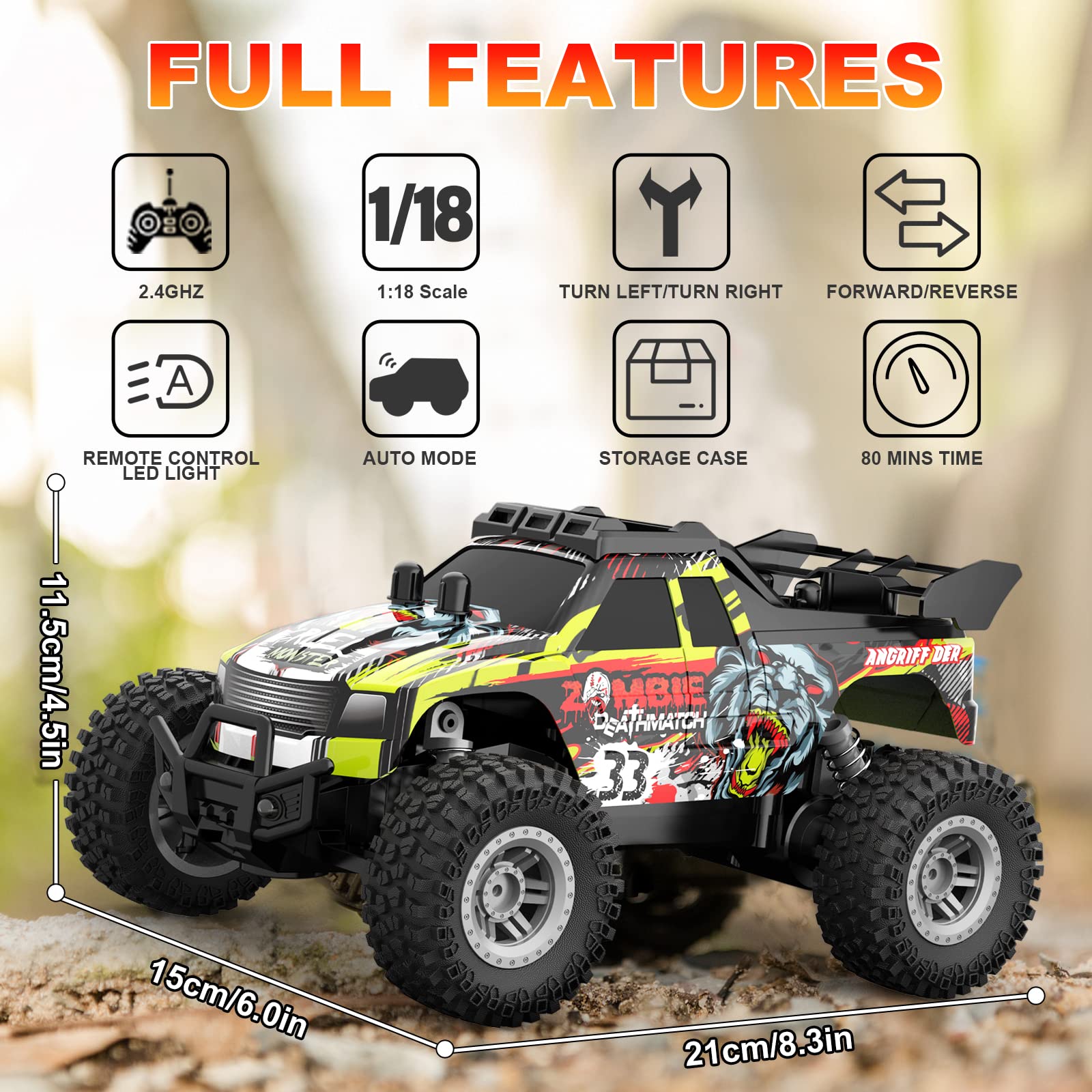 Remote Control Car for Boys & Girls, All Terrain & Off-Road Monster Truck with Flash LED,2 Rechargeable Batteries for 80 Mins Play,2.4GHz, Perfect Birthday