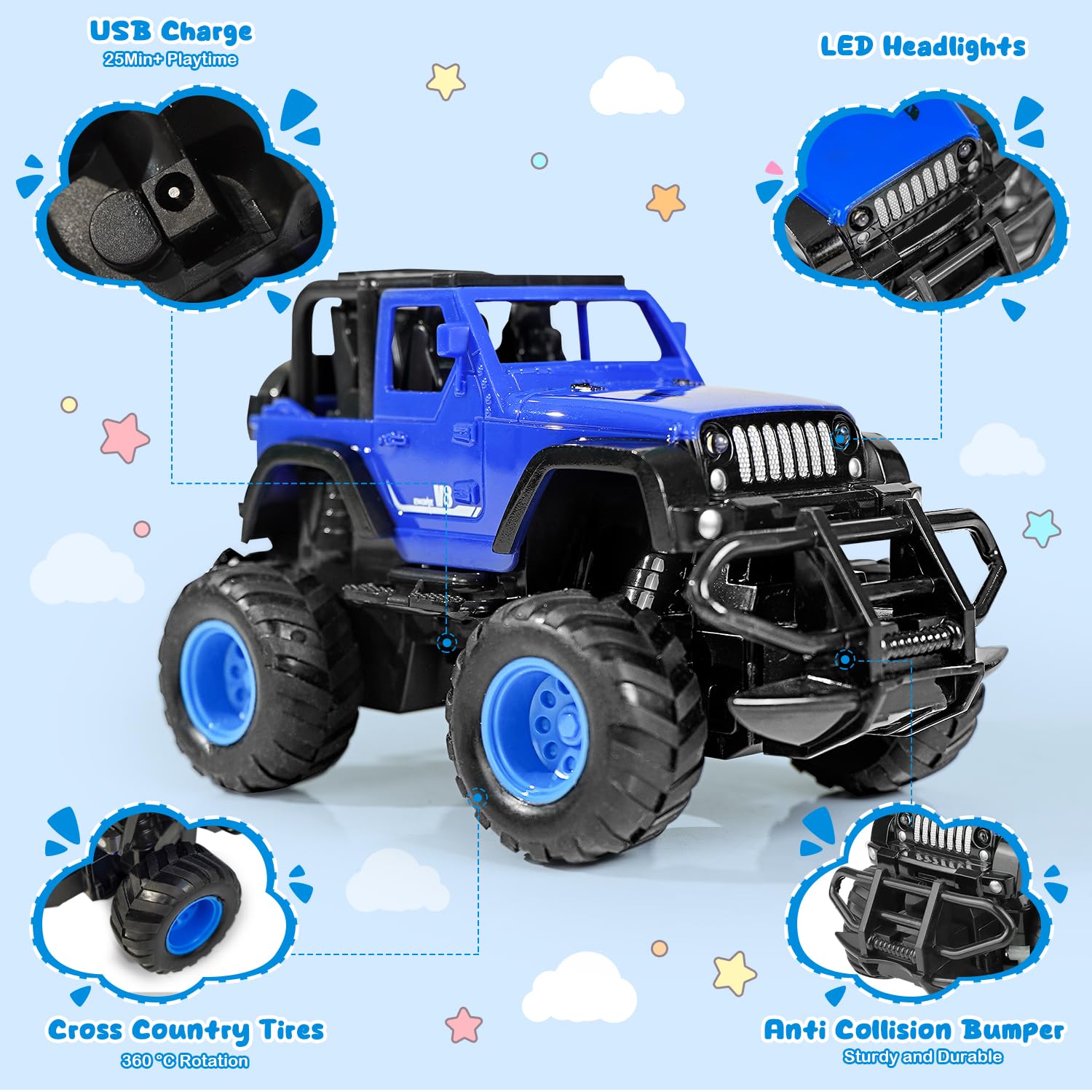 FUUY Blue RC Cars 1:32 Remote Control Car for Toddlers Kid Car Play Road Monster Truck, Off Road RC Trucks with Storage Case Cool Cars for Boys 2-6 Birthdays Gifts