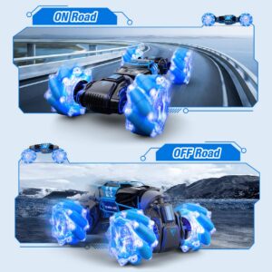 Powerextra LED Gesture Rc Car, 4WD 2.4GHz Remote Control Gesture Sensing Car, Double Sided 360° Rotating Transform Off Road Rc Stunt Car with Lights & Dance for 6-12 Year Old Boys & Girls