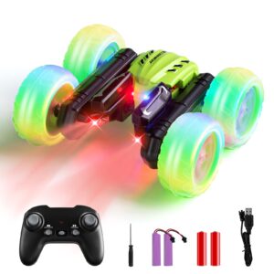 28°C RC Cars Stunt Cars, Remote Control Car for Boys Girls, Drift High Speed RC Cars, 360° Flips Double-Side RC Monster Truck with Headlight Wheel Light, Toys Gift for Kids on Christmas (Green)