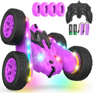 terucle remote control car, rc cars stunt rc car toys new upgraded strip lights and headlights car toys double-sided 360° rotating 4wd rc drift truck for boys girls birthday gift (purple)