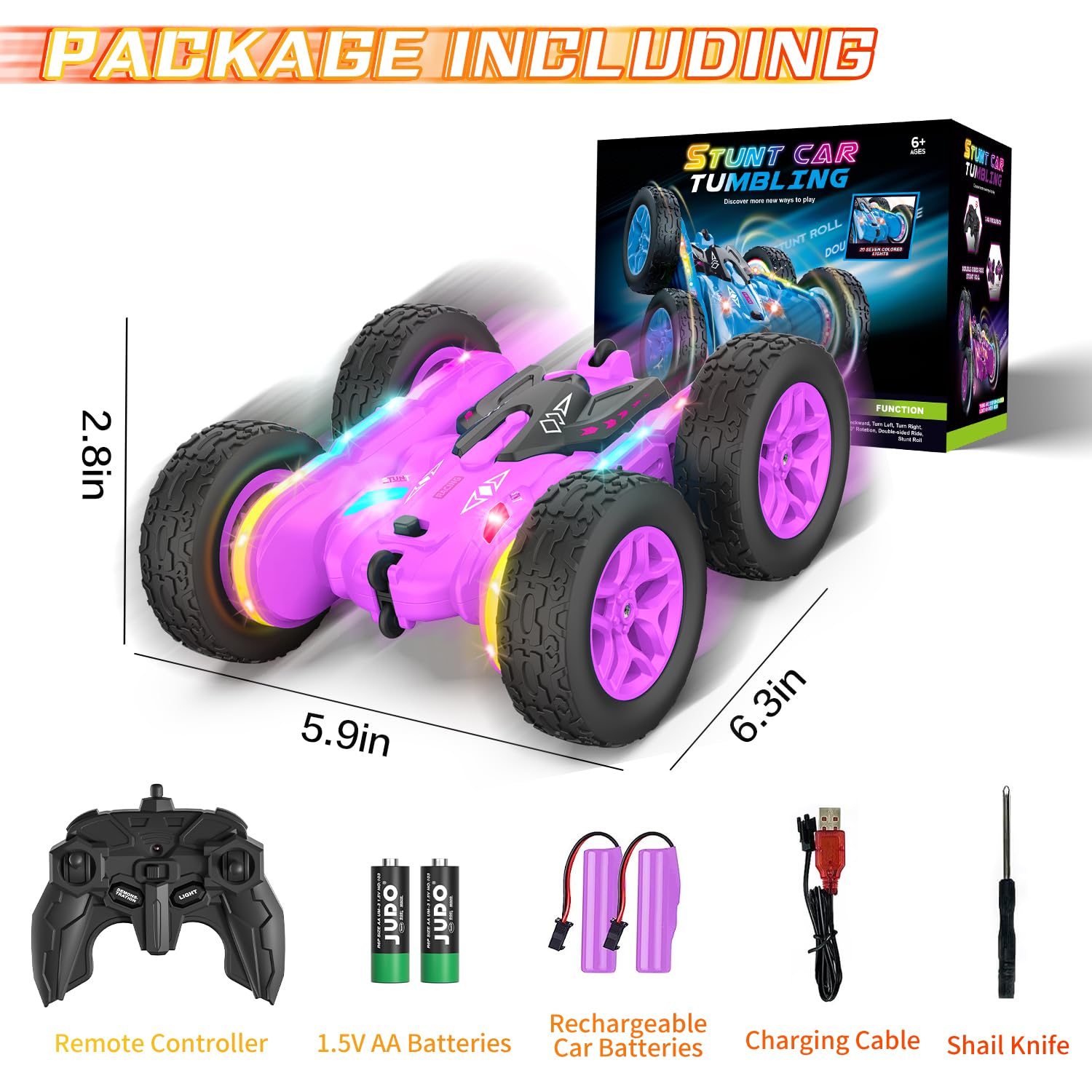 Terucle Remote Control Car, Rc Cars Stunt RC Car Toys New Upgraded Strip Lights and Headlights Car Toys Double-sided 360° Rotating 4WD Rc Drift Truck for Boys Girls Birthday Gift (Purple)