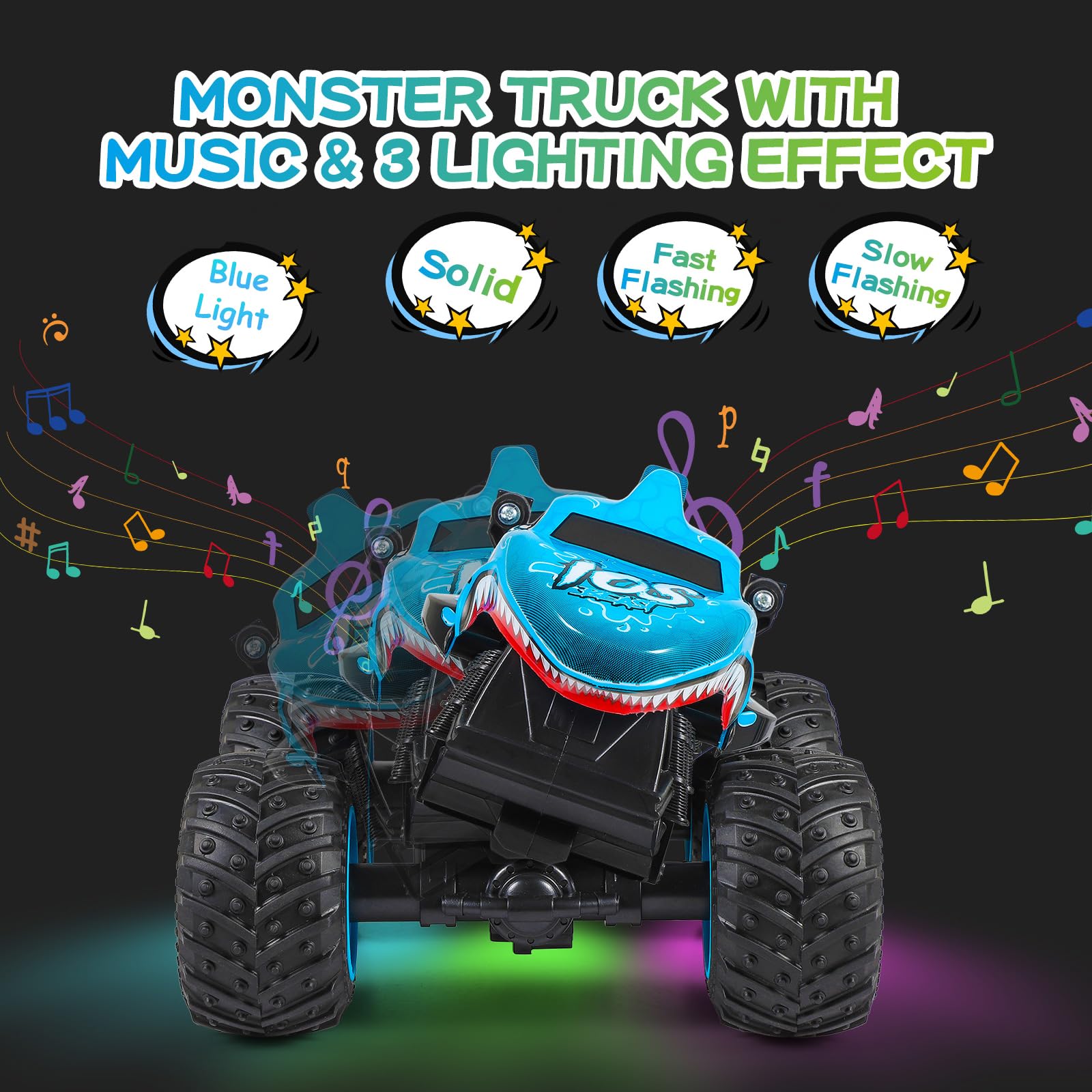 DYODYORC Remote Control Car, 2.4Ghz All Terrain Shark Monster Truck Toys, RC Truck with Music, 3 Lighting Effects, 360 Stunt Capable, All Included Ready to Run, Toy Gifts for Boys and Girls (Blue)