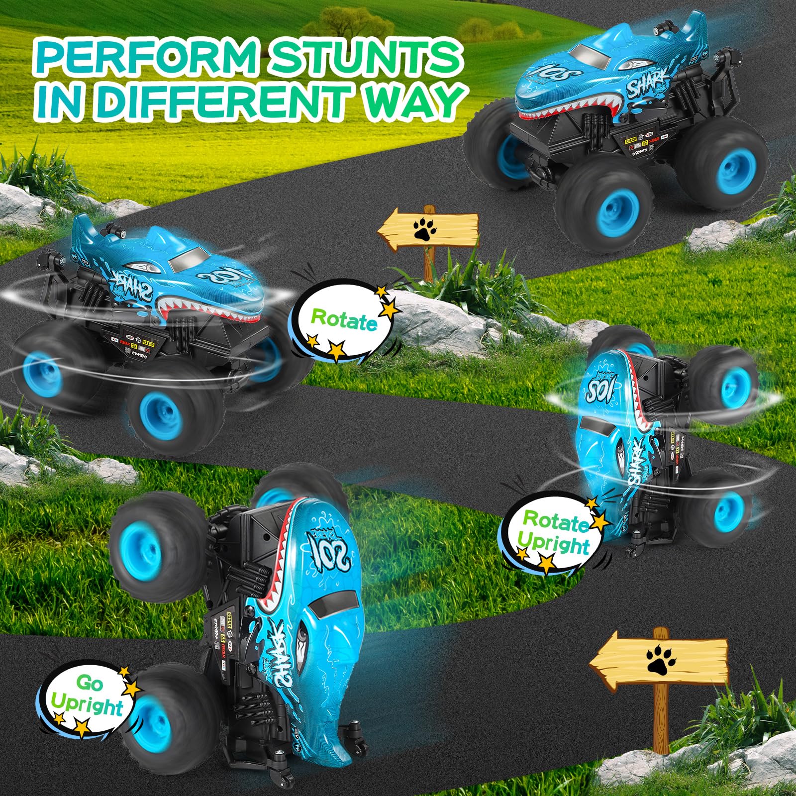 DYODYORC Remote Control Car, 2.4Ghz All Terrain Shark Monster Truck Toys, RC Truck with Music, 3 Lighting Effects, 360 Stunt Capable, All Included Ready to Run, Toy Gifts for Boys and Girls (Blue)