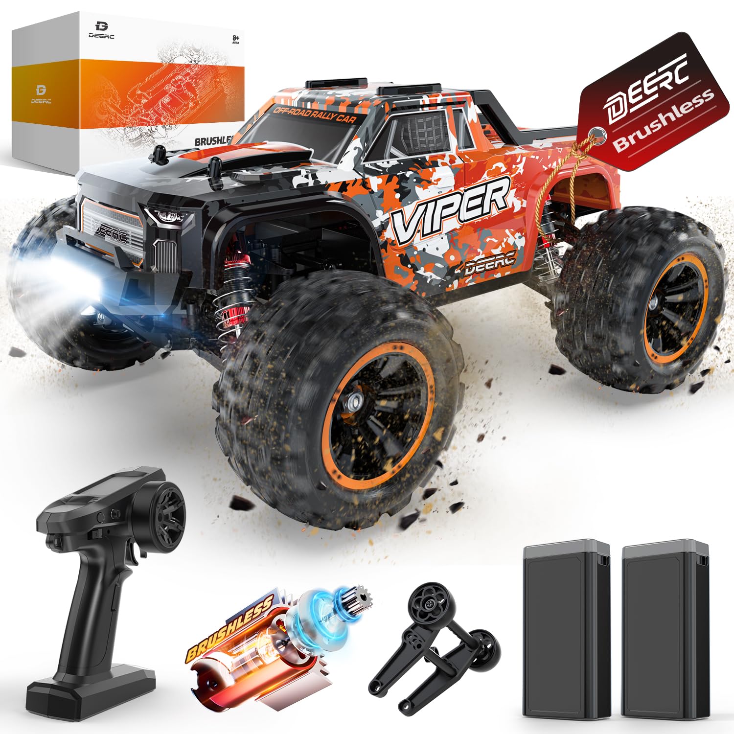 DEERC H16R Brushless Fast RC Cars,1:16 52KM/H High Speed Remote Control Car,4X4 All Terrains RC Monster Truck,Waterproof Off-Road Hobby Electric Vehicle Car Gift for Adults Boys,2 Li-ion Batteries