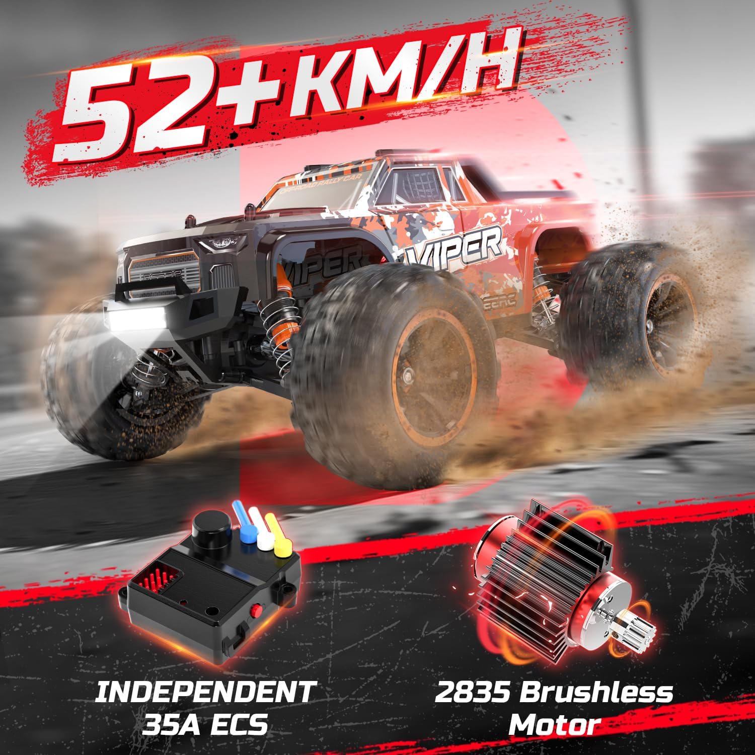 DEERC H16R Brushless Fast RC Cars,1:16 52KM/H High Speed Remote Control Car,4X4 All Terrains RC Monster Truck,Waterproof Off-Road Hobby Electric Vehicle Car Gift for Adults Boys,2 Li-ion Batteries